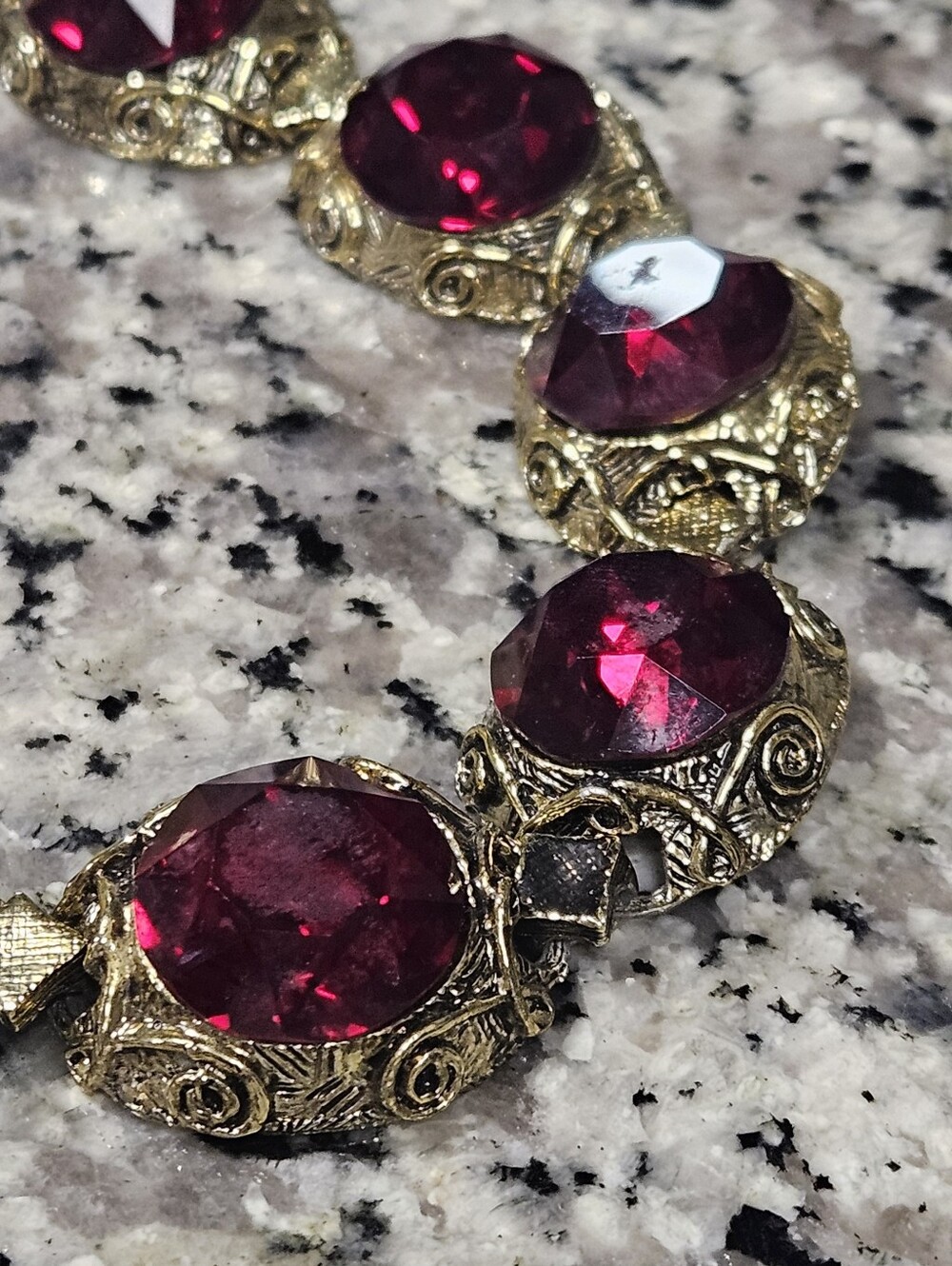 Vintage Gold-Tone Filigree Bracelet w/ Deep Red Glass Gemstones Victorian Style